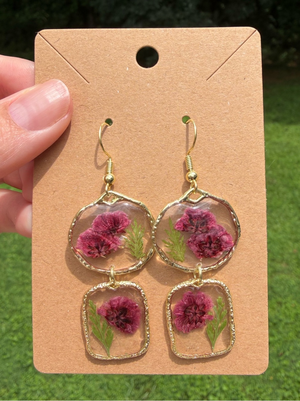 E13 Handmade Real Pressed Flower Resin Earrings | Gold Floral Botanical Jewelry